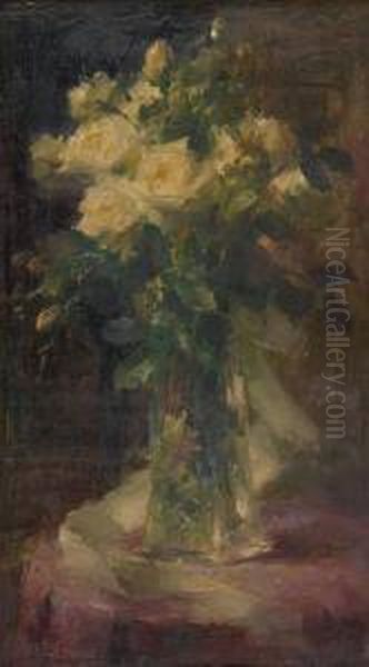 Vase Fleuri De Rosesblanches Oil Painting by Frans Mortelmans