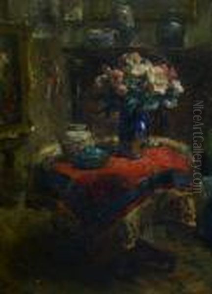 Stilleven Met Bloemenvaas In Het Atelier Van De Kunstenaar. Oil Painting by Frans Mortelmans