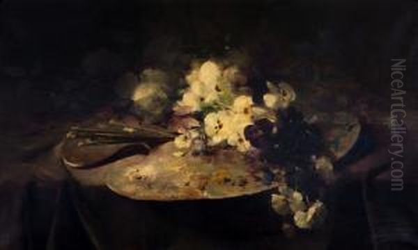 Stilleven Met Schilderspalet En Bloemen Oil Painting by Frans Mortelmans