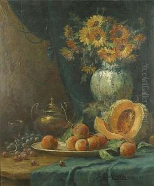 Stilleven Met Bloemen, Perziken, Meloen En Koperen Koffiepot Oil Painting by Frans Mortelmans