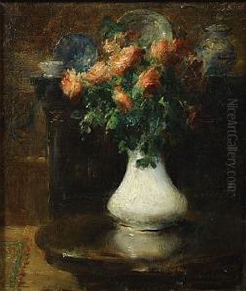 Witte Vaas Met Rode Rozen Oil Painting by Frans Mortelmans