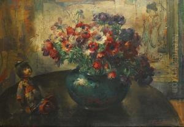 Stilleven Met Bloemen En Japanse Poppen Oil Painting by Frans Mortelmans