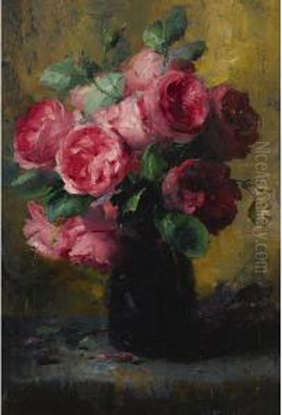 Pink Roses In A Vase Oil Painting by Frans Mortelmans