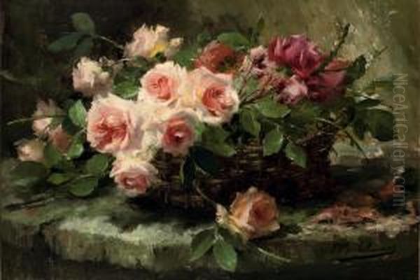 Pink Roses In A Basket Oil Painting by Frans Mortelmans