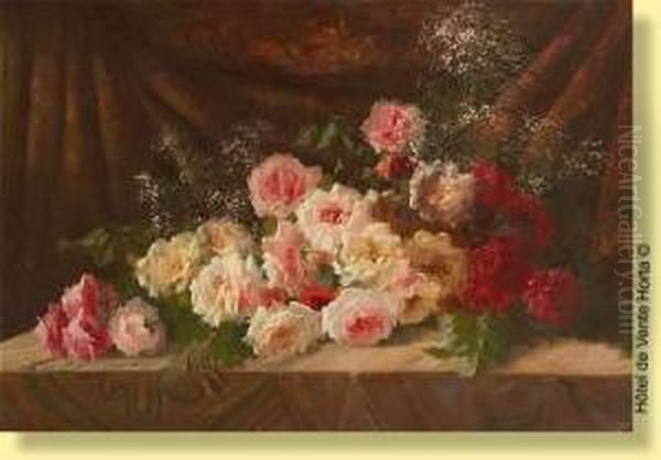 Jetee De Roses Sur Fond De Tapisserie Oil Painting by Frans Mortelmans