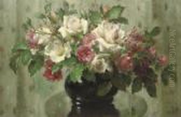 White And Pink Roses In A Vase Oil Painting by Frans Mortelmans