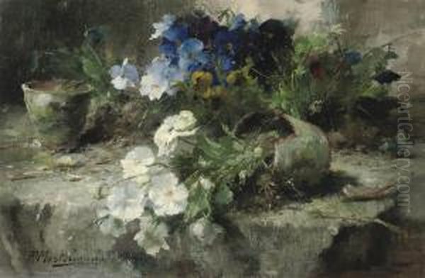 White And Blue Violets Oil Painting by Frans Mortelmans