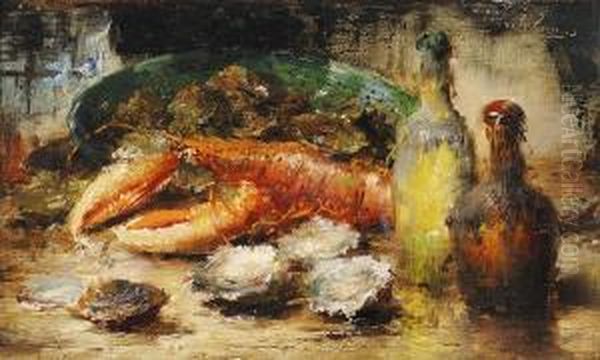 Still Life With A Lobster, Oysters And Winebottles Oil Painting by Frans Mortelmans