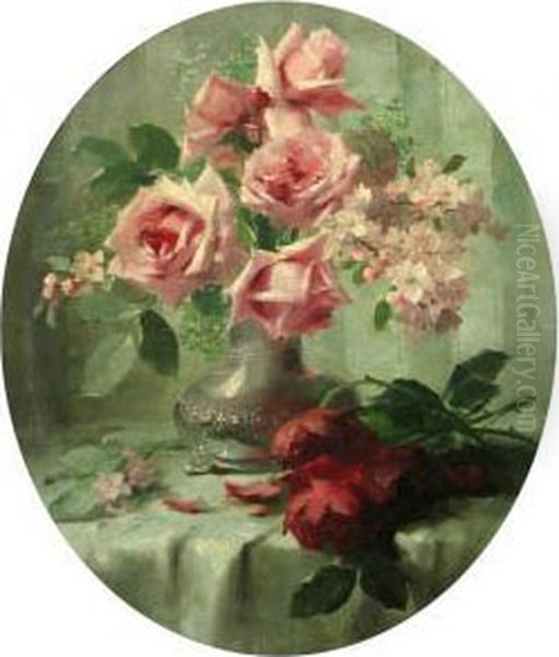 Nature Morte Au Vase De Roses. Oil Painting by Frans Mortelmans