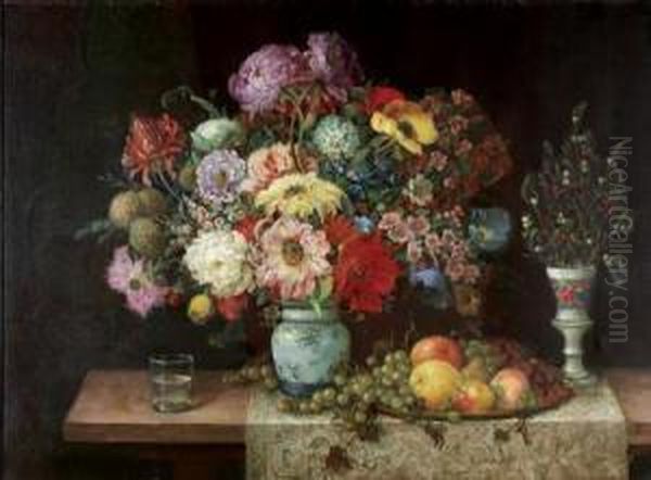 Elaborate Floral Still Life With Fruit And Berries Oil Painting by Frans Mortelmans