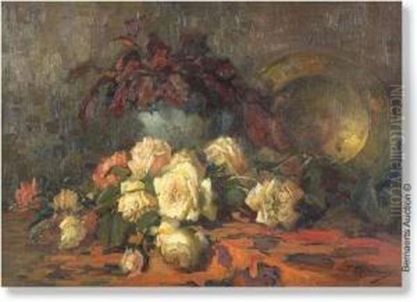 Still Lifewith Roses And Copper Plate. Oil Painting by Frans Mortelmans