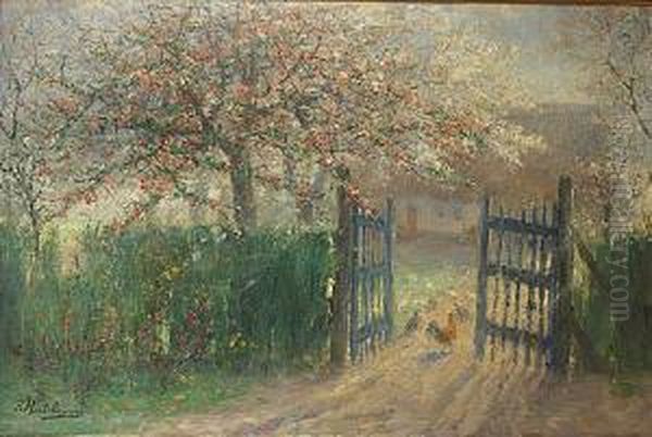 Arbre Fleuri Aupres De La Ferme Oil Painting by Frans Mortelmans