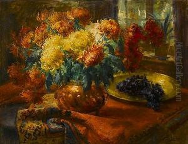 Chrysanthemums In A Vase Oil Painting by Frans Mortelmans