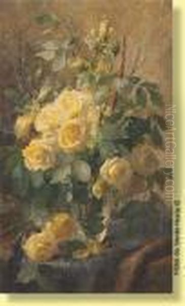 Vase Fleuri De Roses Jaunes Oil Painting by Frans Mortelmans