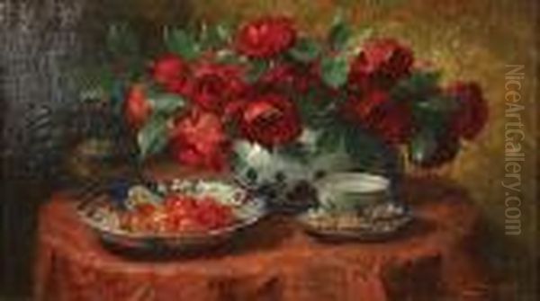 Stilleven Met Bloemen En Kersen. Oil Painting by Frans Mortelmans