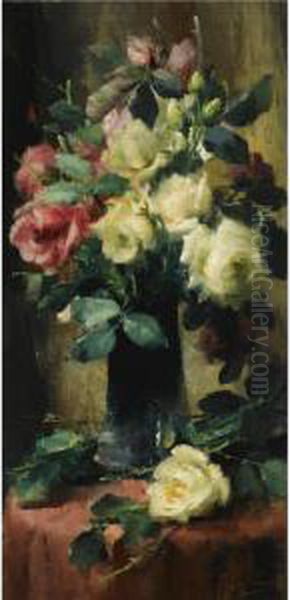 Roses In A Vase Oil Painting by Frans Mortelmans