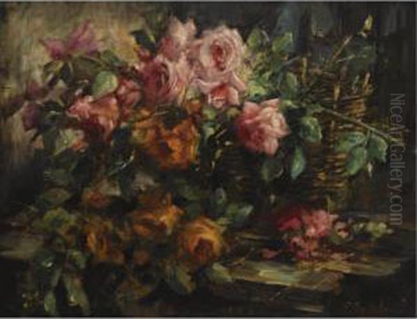 Stil Life With Roses In A Basket Oil Painting by Frans Mortelmans