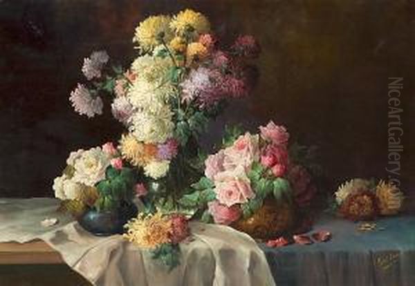 Three Vases Of Chrysanthemums And Roses On A Table Oil Painting by Frans Mortelmans