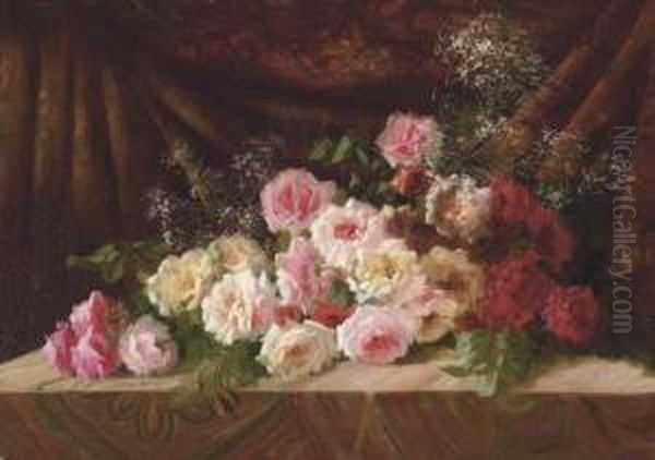 Roses And Baby's Breath On A Cloth-draped Ledge Oil Painting by Frans Mortelmans