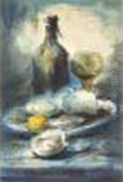 Stilleven Met Oesters, Roemer En Wijnfles Oil Painting by Frans Mortelmans