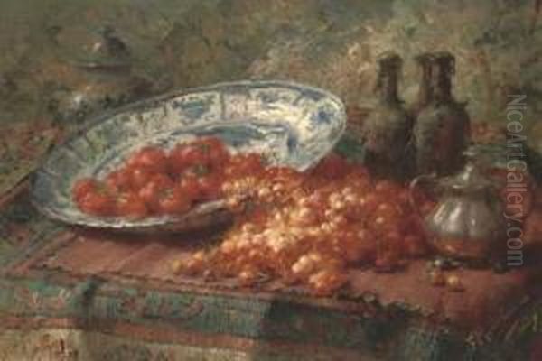 Stawberries In A Delft Bowl With Cherries On A Table Oil Painting by Frans Mortelmans