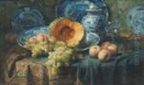 A Pumpkin, Peaches, And Grapes In A China Bowl By Glasses On Adraped Table Oil Painting by Frans Mortelmans