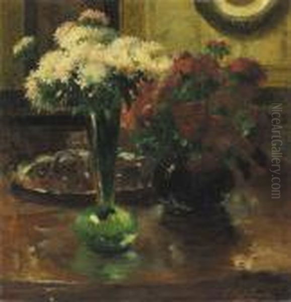 Red And White Chrysanthamums Oil Painting by Frans Mortelmans