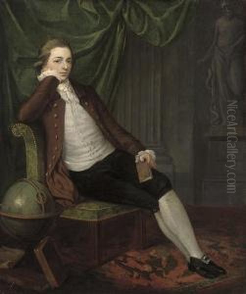 Portrait Of A Gentleman, 
Full-length, Seated In A Brown Coat, A Book In His Left Hand, By A Globe
 And A Statue Of Moses Oil Painting by John Hamilton Mortimer