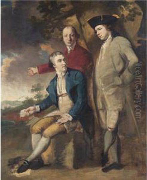 Three Gentlemen In A Landscape Oil Painting by John Hamilton Mortimer