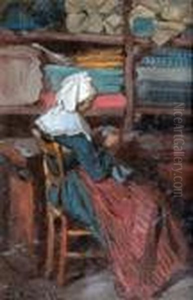 Bretonne Travaillant Dans Sa Boutique, 82. Oil Painting by Henry Mosler