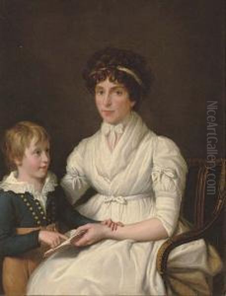 Portrait Of Lady, Seated, Half-length, Reading With Her Son Oil Painting by Jean-Laurent Mosnier