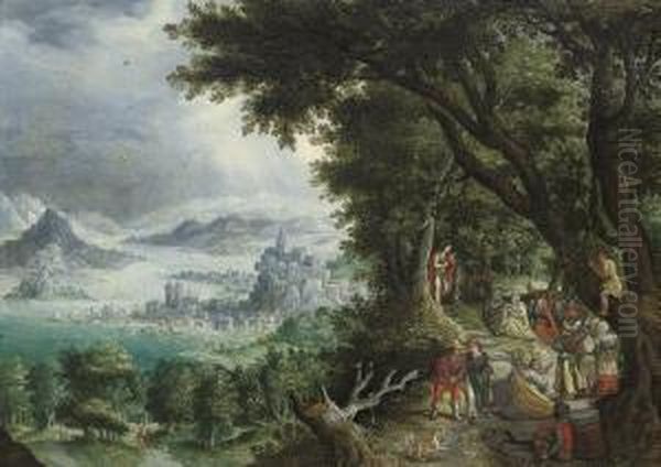 An Extensive Mountainous Landscape With The Predication Of Saint John The Baptist Oil Painting by Gillis Mostaert