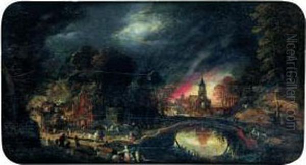 L'incendie D'un Village Au Clair De Lune Oil Painting by Gillis Mostaert