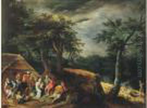 Une Ferme Dans La Campagne Flamande Attaquee Par Des Brigands Oil Painting by Gillis Mostaert