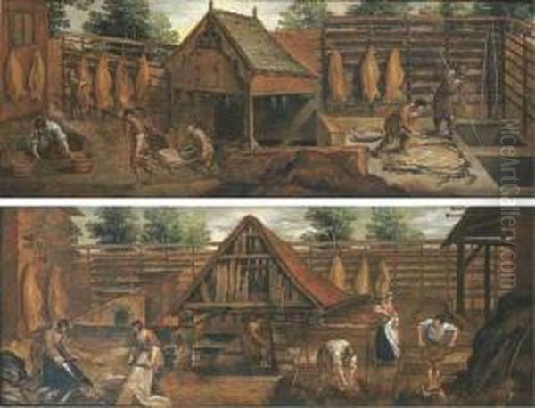 Men At Work In Tanneries Oil Painting by Gillis Mostaert