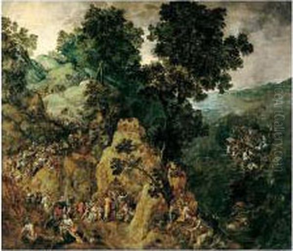 The Israelites' Flight From 
Egypt To The Promised Land, With Pharaoh's Army Engulfed By The Red Sea,
 Moses Striking The Rock, And Moses With The Tablets Of The Law Oil Painting by Gillis Mostaert