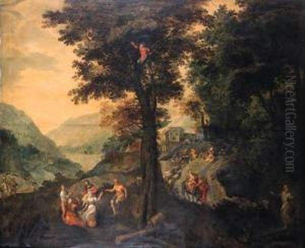 The Flight Into Egypt With 
Peasants Resting Under A Tree Nearby Anda Shepherd With His Flock On A 
Road Beyond, A Valley In Thedistance Oil Painting by Gillis Mostaert