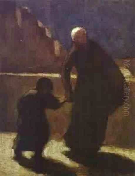 Woman And Child On A Bridge 1845-48 Oil Painting by Honore Daumier