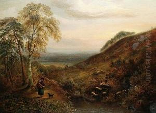 Figure And Sheep In A Downland Setting Oil Painting by George William Mote