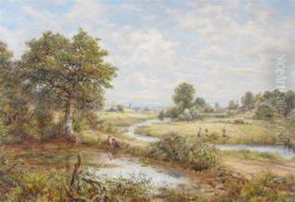 A River Landscape With Figures Haymaking Oil Painting by George William Mote