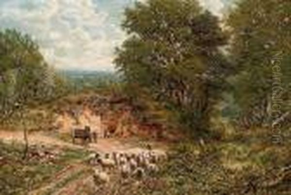 A Shepherd And His Flock On A Country Road Oil Painting by George William Mote