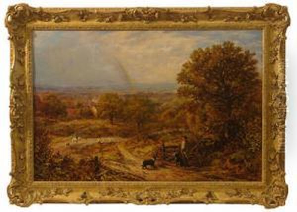 Extensive Landscape With Figures & Dogs Herding Sheep & Distant Rainbow Oil Painting by George William Mote