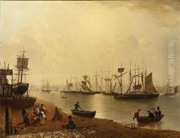 Colliers Lying In The Tyne At Newcastle Oil Painting by George William Mote