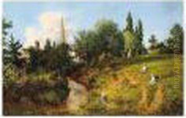 On The River Bank, Signed And Dated 1865, Oil On Canvas, 49 X 75 Cm.; 19 1/2 X 29 1/2 In Oil Painting by George William Mote