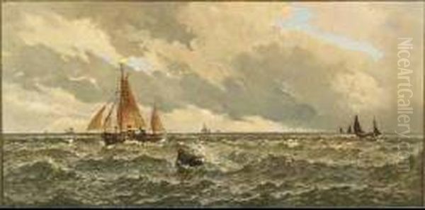 Fishing Boats In Choppy Seas Oil Painting by Charles Mottram