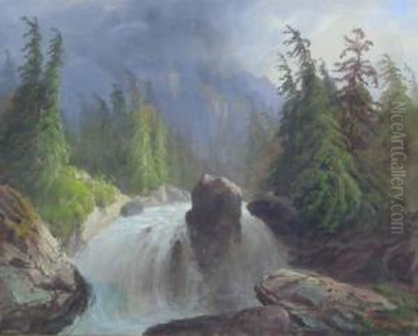 Swiss Waterfall Scene Oil Painting by Luc Henri Mottu