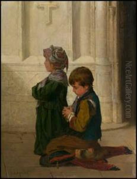 Children Praying Oil Painting by Antoine Edouard Joseph Moulinet