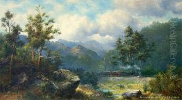 First Train Through The Taeiri Gorge Oil Painting by John Elder Moultray