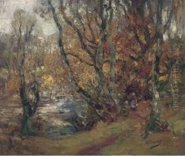 A Figure In A Wooded River Landscape Oil Painting by William Mouncey