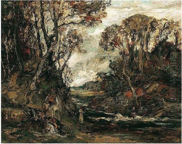 Figures By A Woodland Stream Oil Painting by William Mouncey